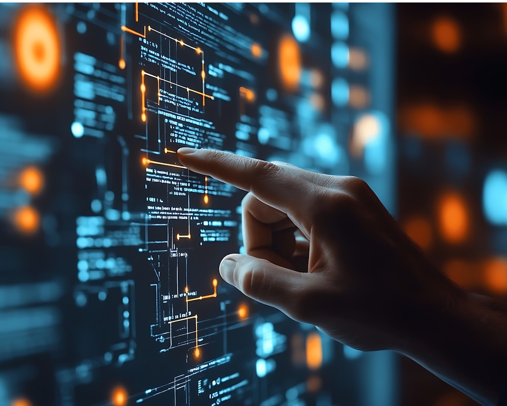 Built for Breakthroughs Finger touching screen with data