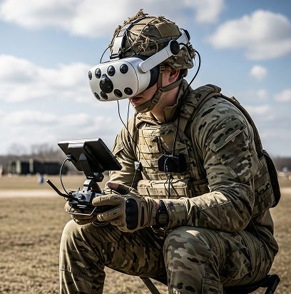 A soldier wearing virtual reality goggles controls an FPV drone during training at an outdoor training range during the day Soldier with VR goggles and drone controller