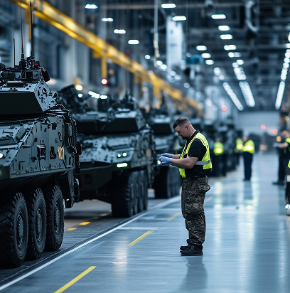 Massive armored vehicles being inspected on a production line, with workers applying final checks to the armor plating, showcasing the strength and precision of military manufacture
