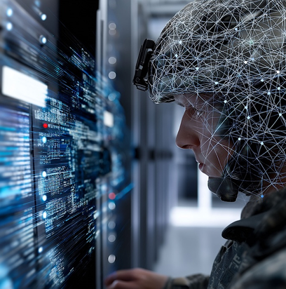 Malware prevention ransomware infrastructure. Trojan detection. Spyware detection. Endpoint vulnerability. Zero-day detection. Soldier interacting with digital technology and data streams.