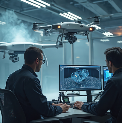 Engineers working in laboratory test aerodynamics of new development drone using wind tunnel. Computer system analyzes parameters. Concept of manufacturing UCAVs. Modern technology, high-tech Office with workers on computer and drones overhead