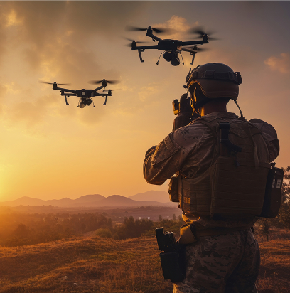 Silhouette of soldier using drones for military combat or scouting operation.Silhouette of soldier using drone for military combat or scouting operation. Soldier with Drones overhead