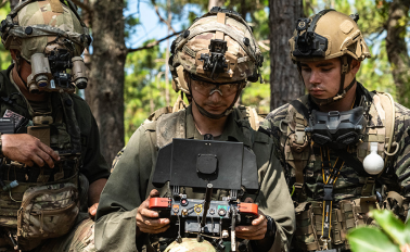 Soldiers in the field flying drone